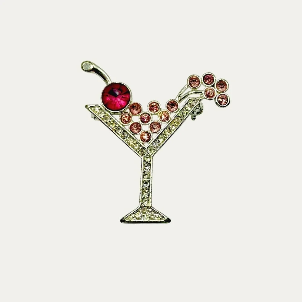 Pink Cherry Martini Glass Silver and Crystal‎ Brooch
